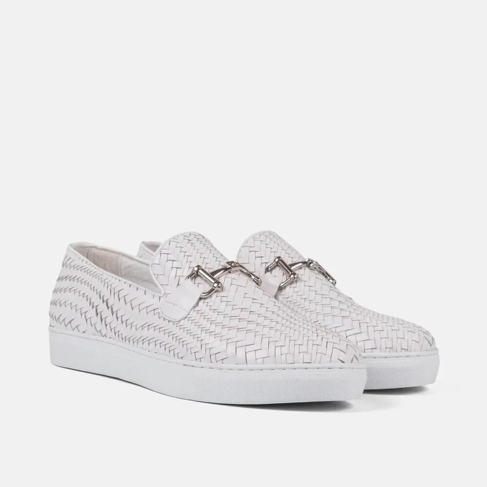 Marc Nolan BOARDWALK WHITE WOVEN LEATHER HORSE-BIT SNEAKERS